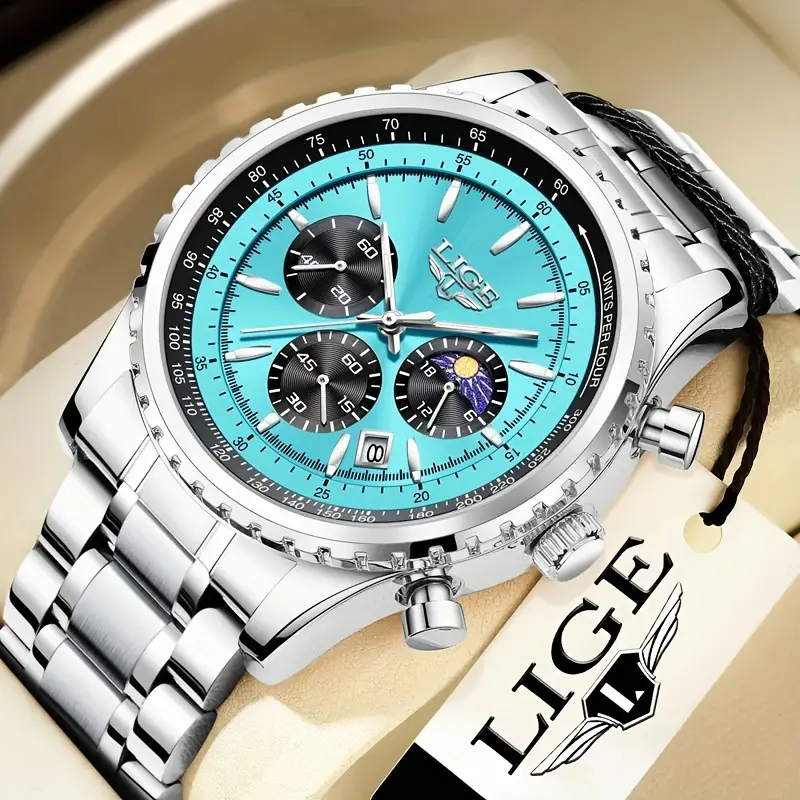LIGE 8989 Chronograph Water Resistance Men's Wrist Watches (Mint Green)
